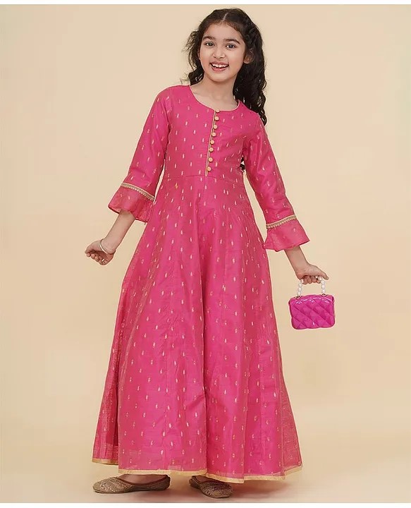 Bitiya By Bhama Silk Woven Three Fourth Bell Sleeves Ethnic Foil Printed Gota Lace Embellished Dress - Pink
